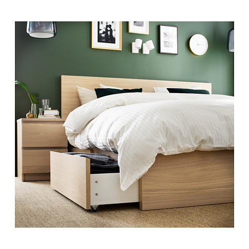 MALM bed frame, high, w 2 storage boxes