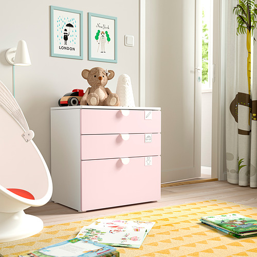 PLATSA/SMÅSTAD chest of 3 drawers, white/pale pink