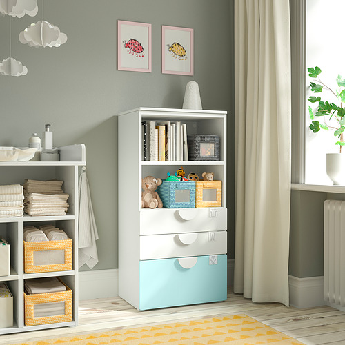 PLATSA/SMÅSTAD bookcase, white pale turquoise/with 3 drawers