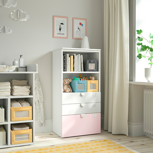 PLATSA/SMÅSTAD bookcase, white pale pink/with 3 drawers