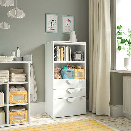 PLATSA/SMÅSTAD bookcase, white white/with 3 drawers