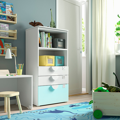 PLATSA/SMÅSTAD bookcase, white pale turquoise/with 3 drawers