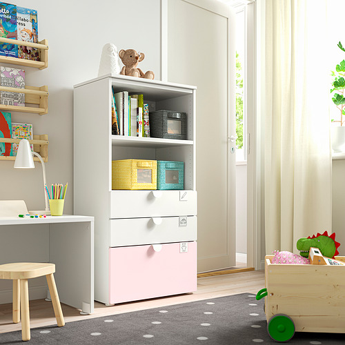 PLATSA/SMÅSTAD bookcase, white pale pink/with 3 drawers