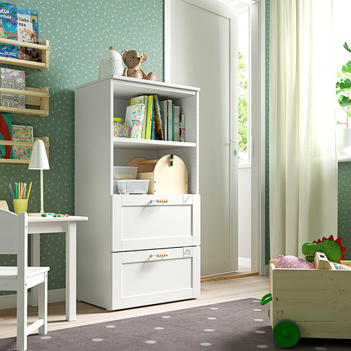 PLATSA/SMÅSTAD bookcase, white with frame/with 2 drawers