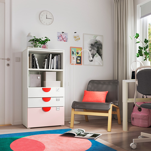PLATSA/SMÅSTAD bookcase, white pale pink/with 3 drawers