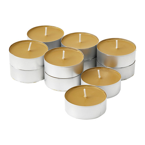 PRAKTRÖNN scented candle in metal cup, 9 hr, spring herbs/yellow-brown