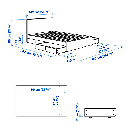 GLADSTAD upholstered bed, 4 storage boxes