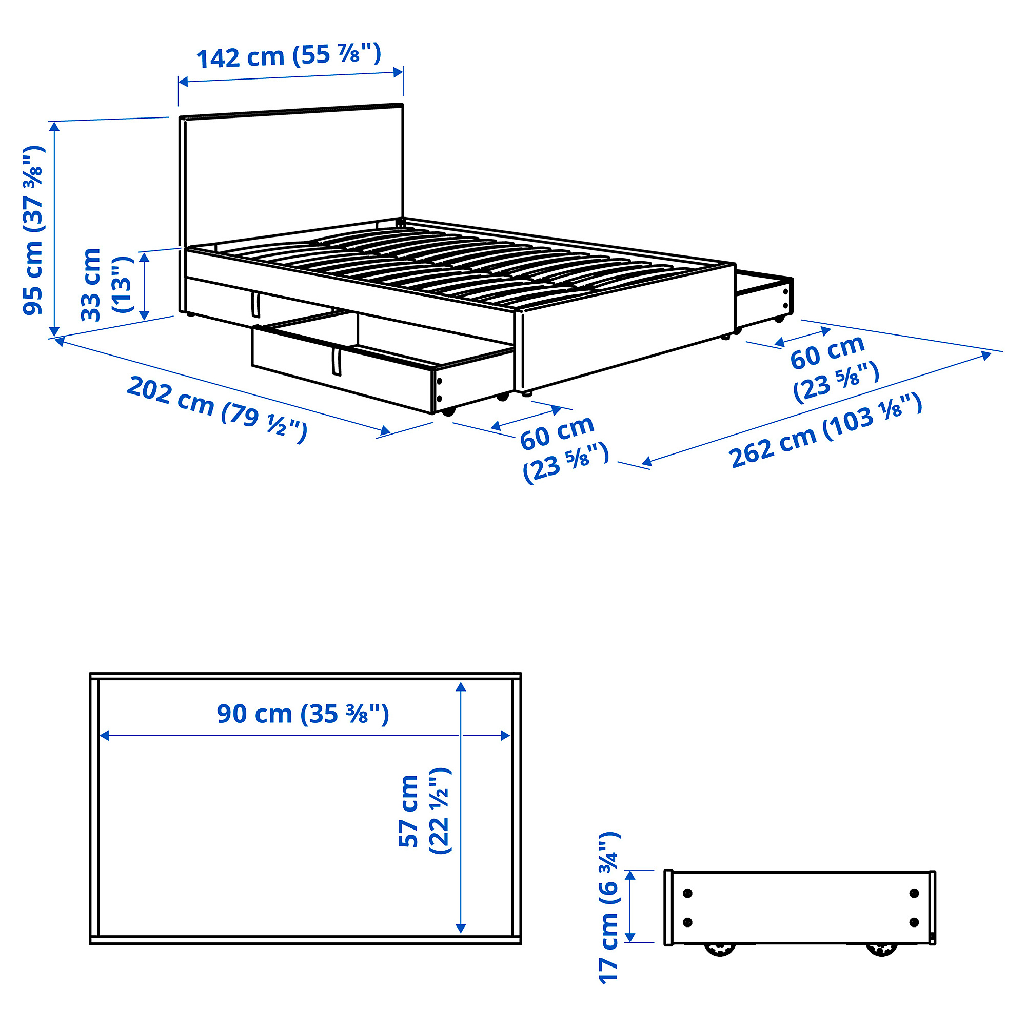 GLADSTAD upholstered bed, 4 storage boxes