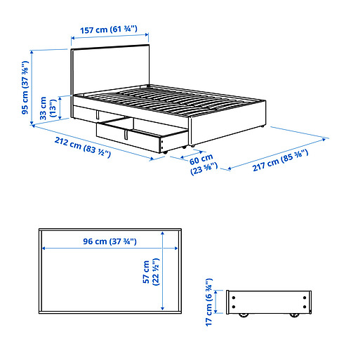 GLADSTAD 軟墊式特大雙人床架連2個貯物箱, Kabusa light grey