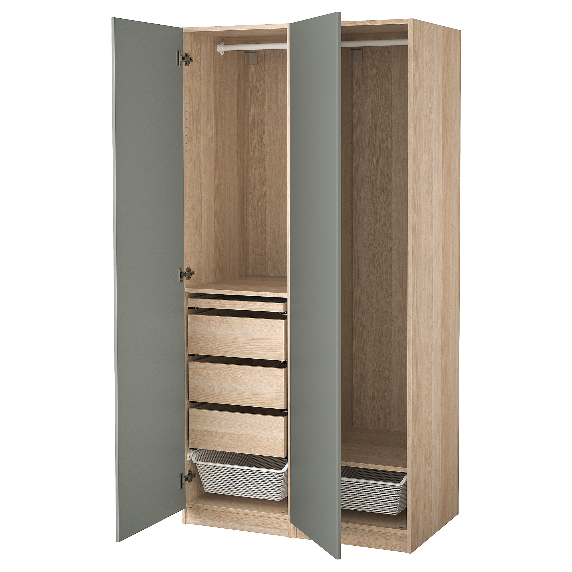 PAX/REINSVOLL wardrobe combination, white stained oak effect/grey