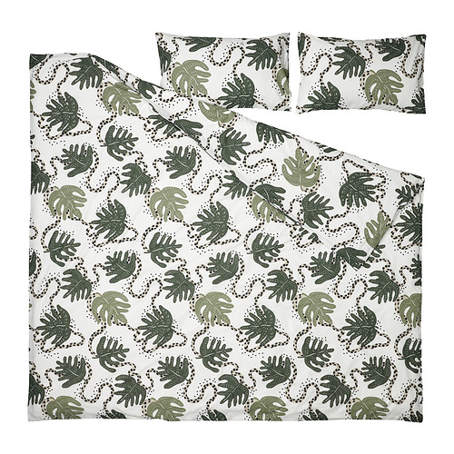 KLÄTTERKALLA duvet cover and 2 pillowcases, white/green, 200x200/50x80 cm
