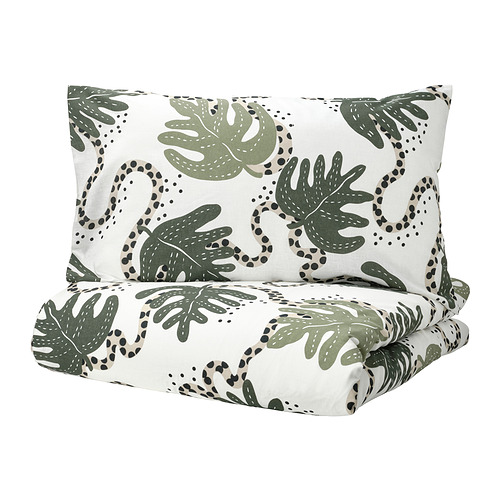 KLÄTTERKALLA duvet cover and 2 pillowcases, white/green, 200x200/50x80 cm