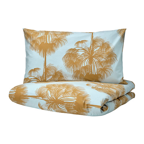 ÄNGLATRUMPET duvet cover and pillowcase, light blue/yellow-brown, 150x200/50x80 cm