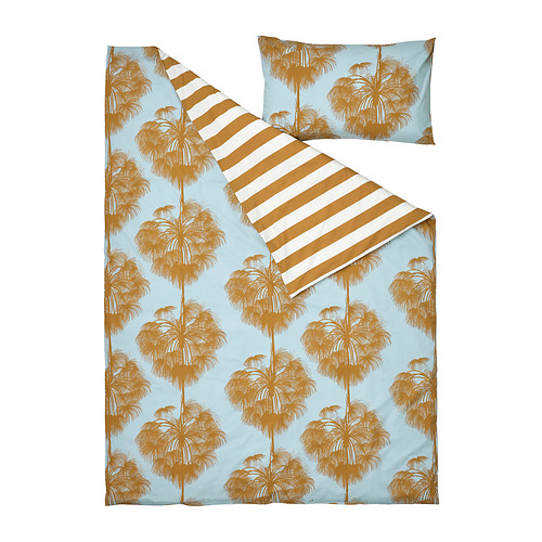 ÄNGLATRUMPET duvet cover and pillowcase, light blue/yellow-brown, 150x200/50x80 cm