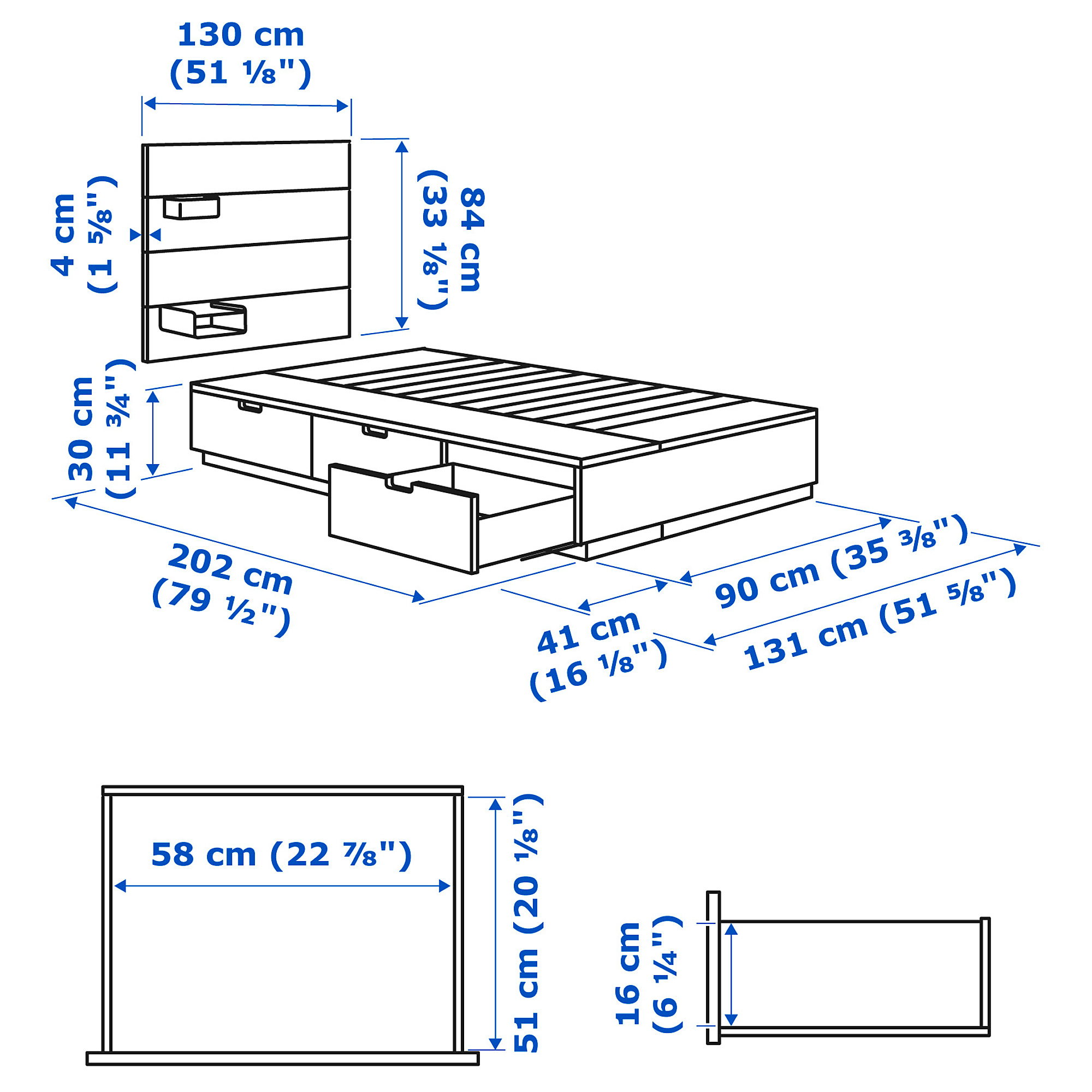 NORDLI bed frame w storage and headboard, white, single (mattress
