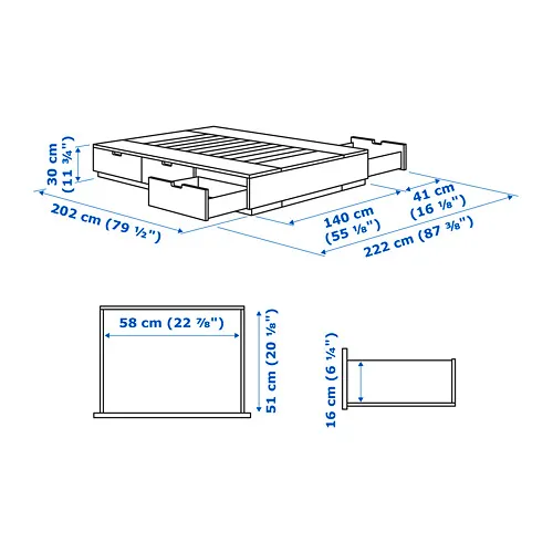 NORDLI bed frame with storage, white, double (mattress size: 140x200cm)