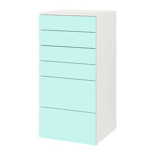 PLATSA/SMÅSTAD chest of 6 drawers, white/pale turquoise