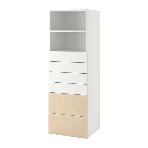 PLATSA/SMÅSTAD bookcase, white birch/with 6 drawers