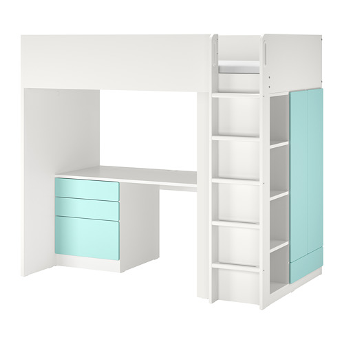 SMÅSTAD loft bed, white pale turquoise/with desk with 4 drawers/shelves