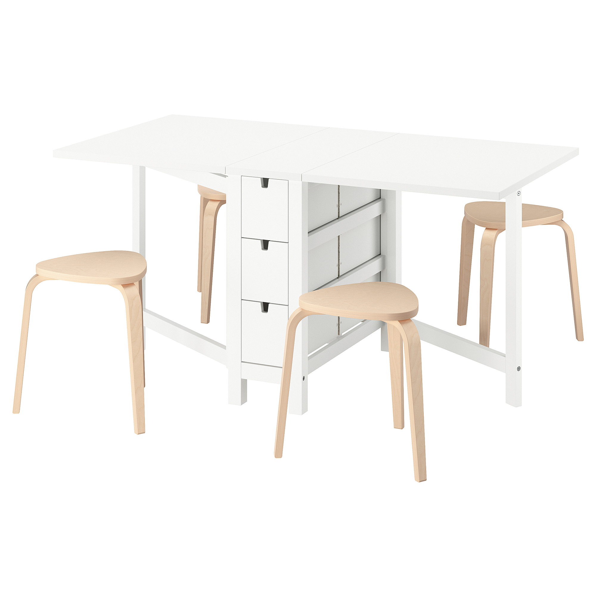 KYRRE/NORDEN - table and 4 stools, white/birch, 26/89/152 cm
