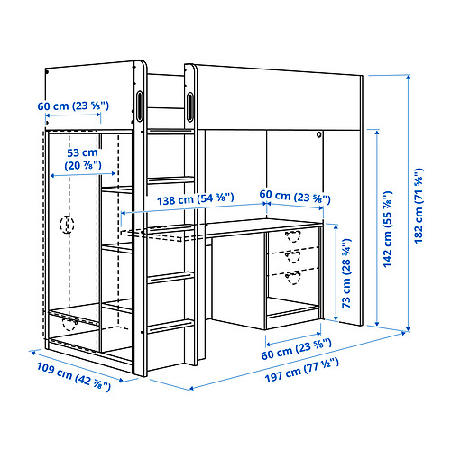 SMÅSTAD loft bed frame w desk and storage