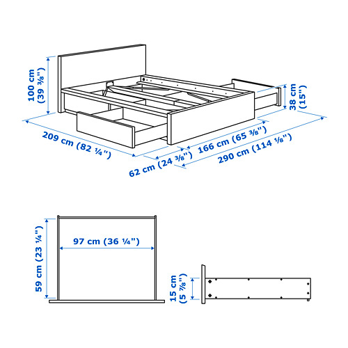 MALM bed frame, high, w 4 storage boxes