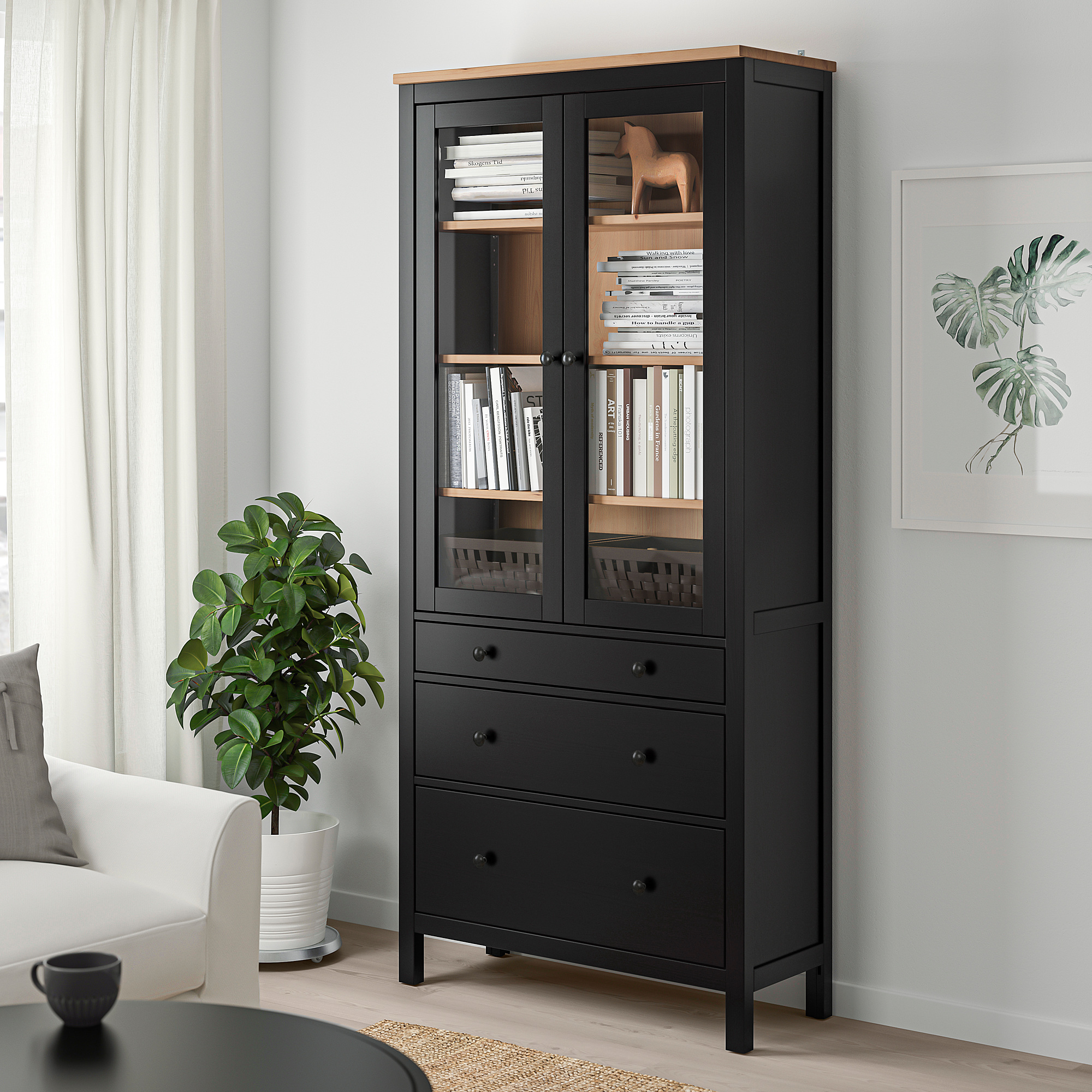 Hemnes Glass Door Cabinet With 3 Drawers Black Brownlight Brown