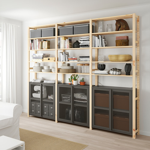 IVAR 3 sections/cabinet/shelves, 259x30x226 cm, pine/grey mesh
