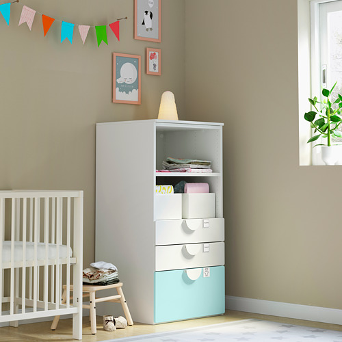 PLATSA/SMÅSTAD bookcase, white pale turquoise/with 3 drawers