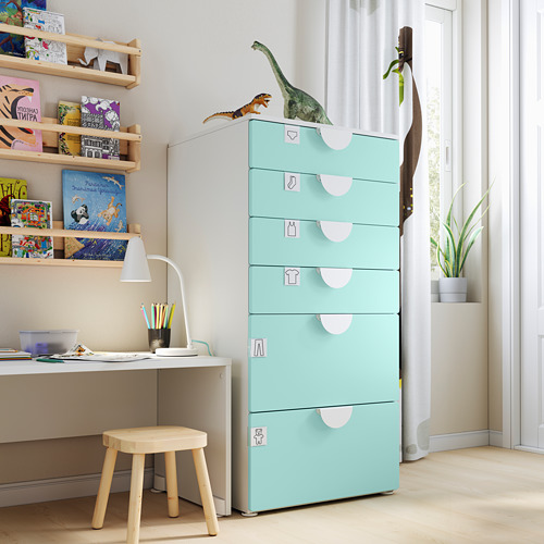 PLATSA/SMÅSTAD chest of 6 drawers, white/pale turquoise