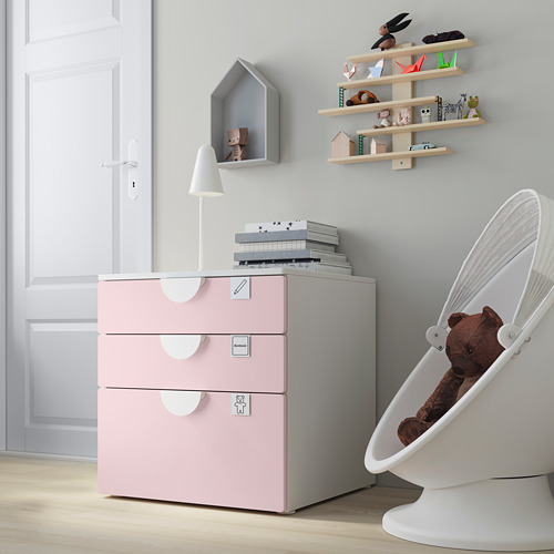 PLATSA/SMÅSTAD chest of 3 drawers, white/pale pink
