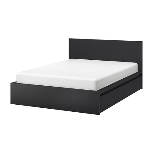 MALM bed frame, high, w 2 storage boxes, black-brown/Luröy, double