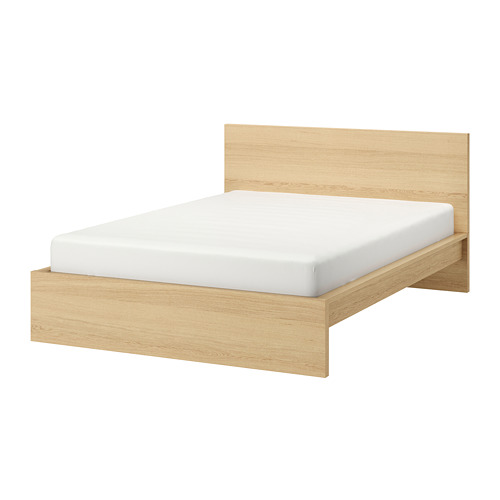 MALM bed frame, high, white stained oak veneer/Lönset, queen