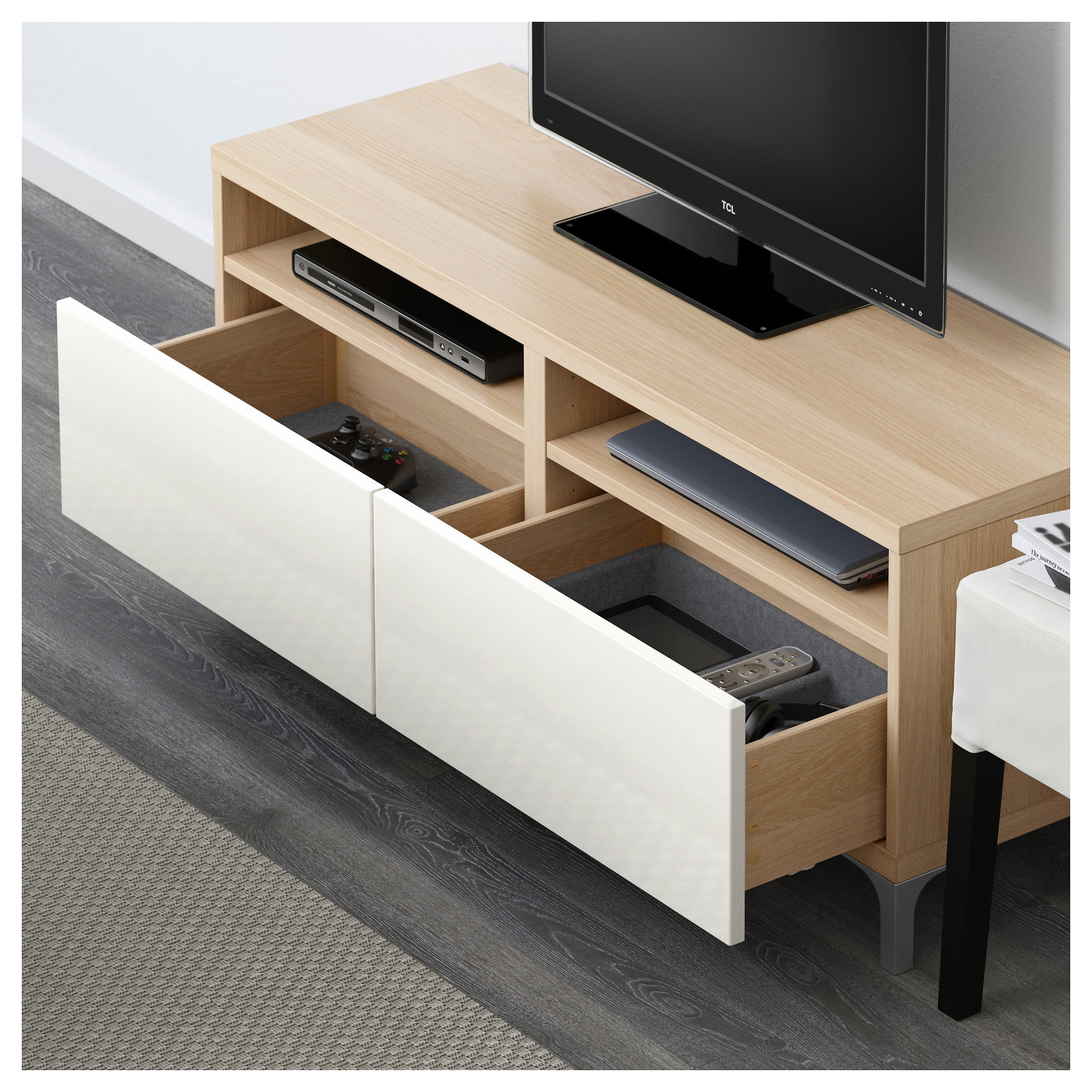 BESTÅ - TV bench with drawers, white stained oak effect/Selsviken high