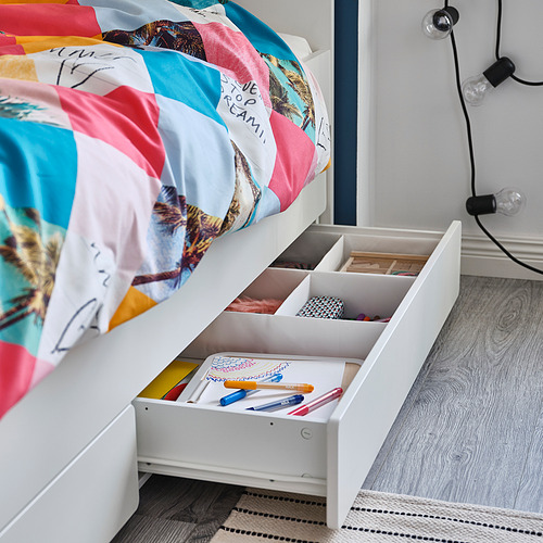 SLÄKT bed frame with underbed and storage, LURÖY