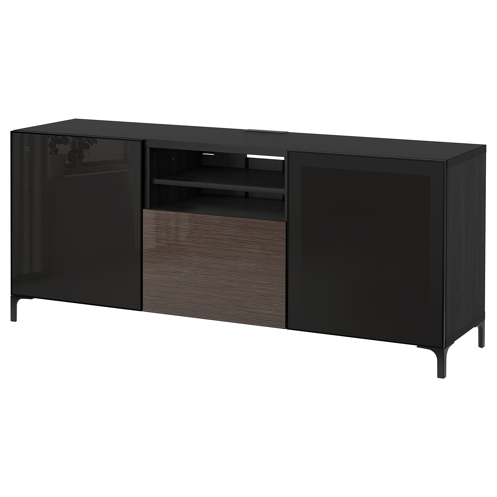BESTÅ - TV bench with drawers, black-brown/Selsviken high-gloss/brown