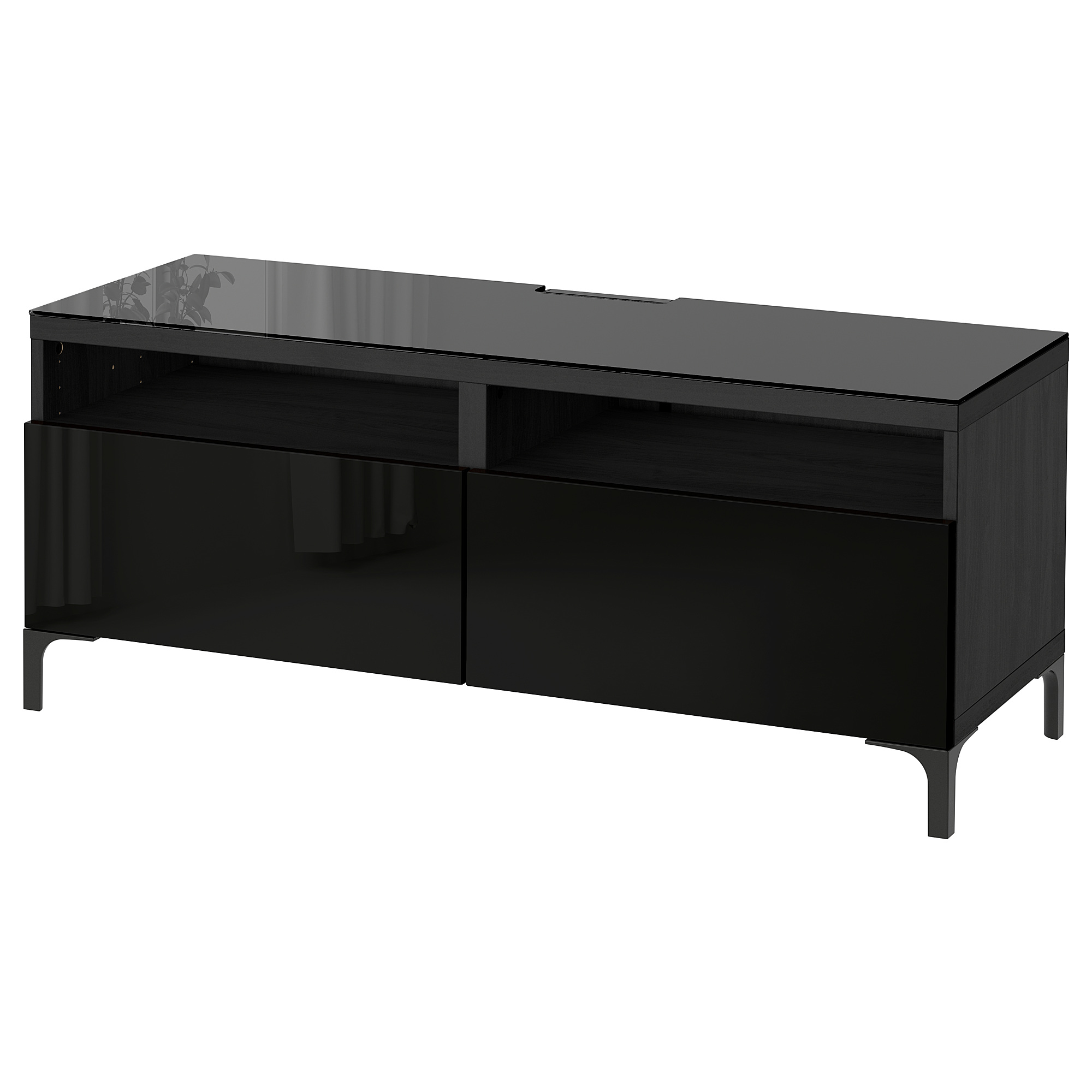 BESTÅ TV bench with drawers, blackbrown/Selsviken highgloss/black