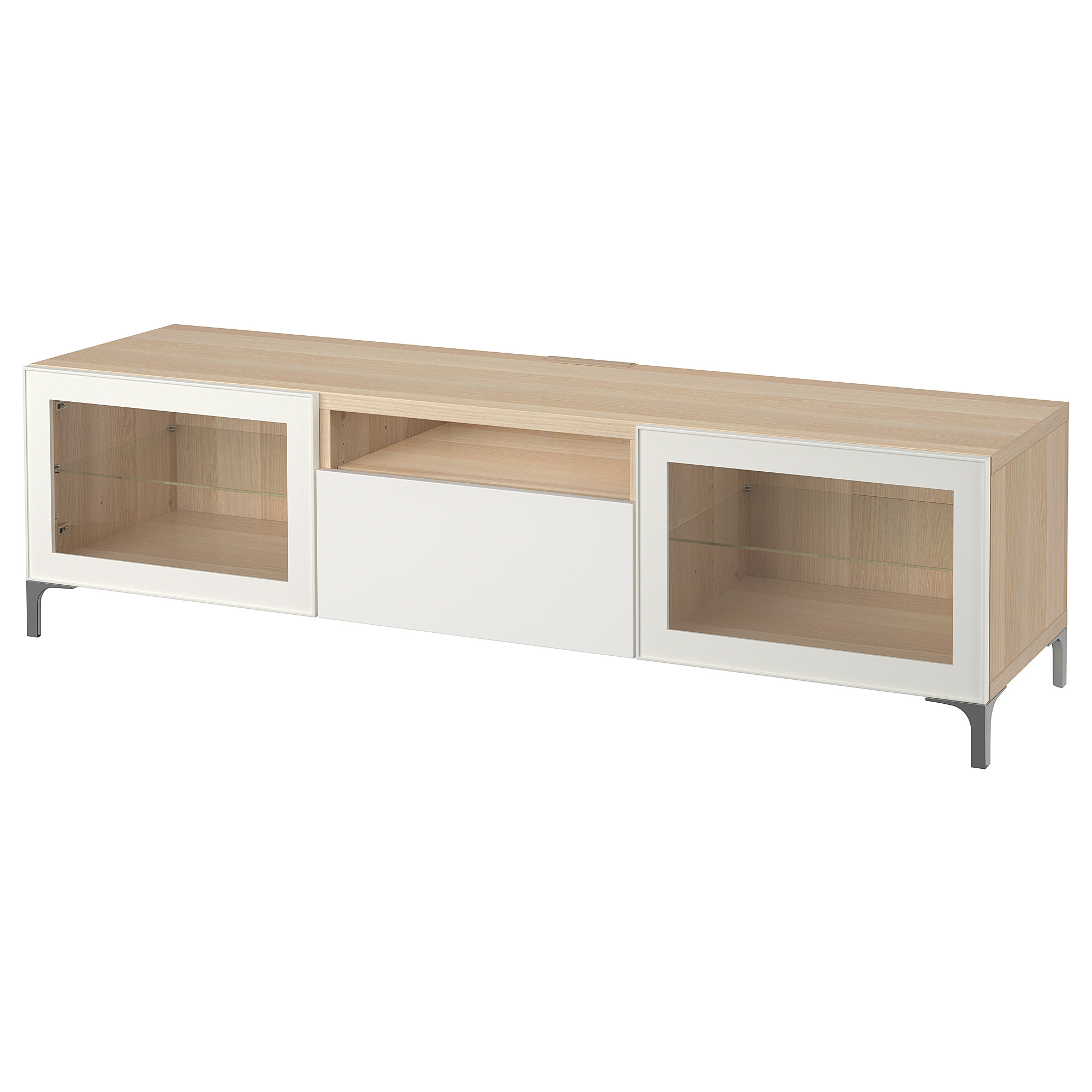 BESTÅ TV bench, white stained oak effect/Selsviken/Nannarp highgloss
