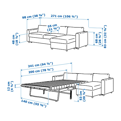 VIMLE 3-seat sofa-bed with chaise longue