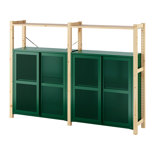 IVAR 2 sections/shelves/cabinets, 175x30x124 cm, pine/green mesh