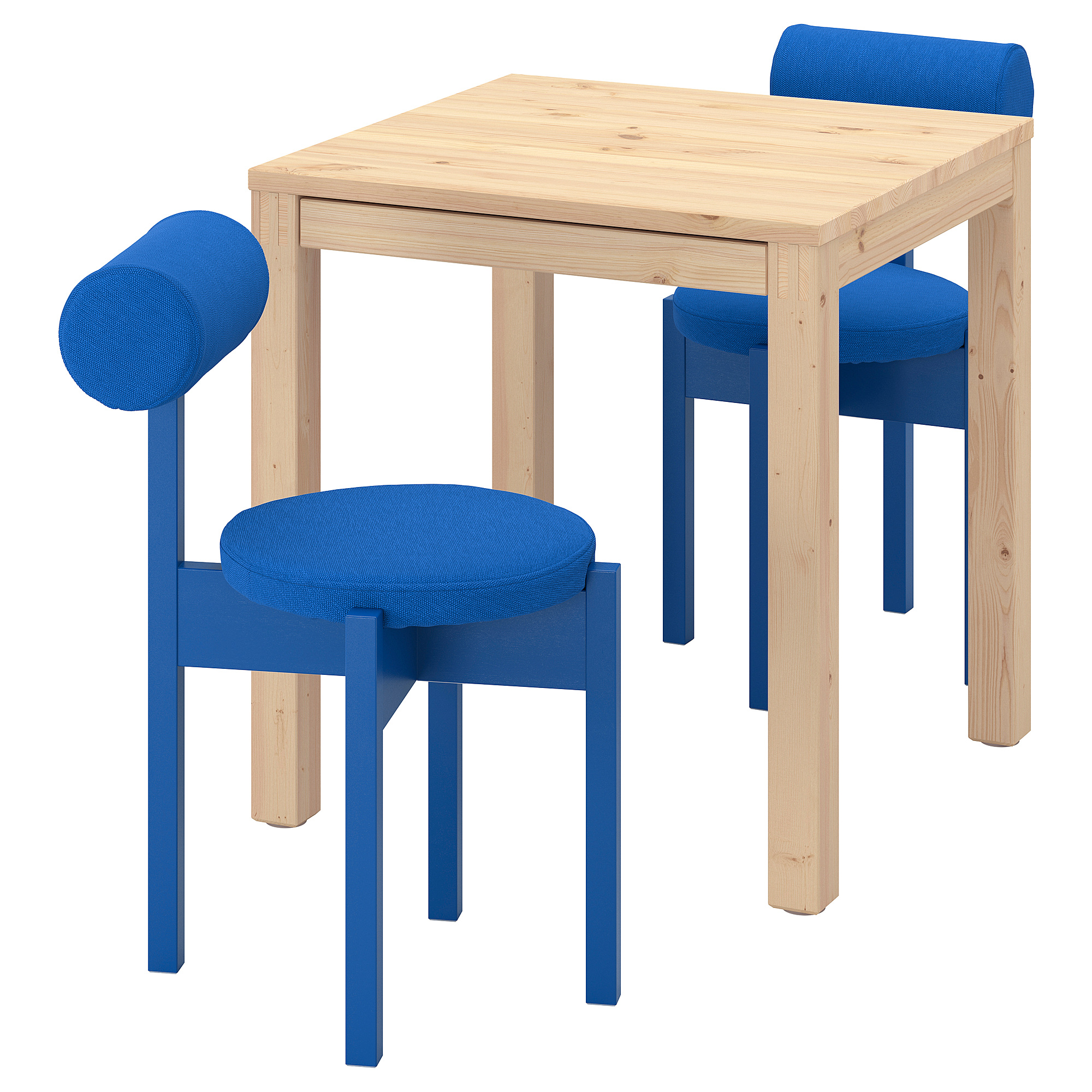 IKEA PS 2026 - table and 2 chairs, pine/Knäbäck bright blue, 70x70