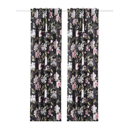 ROSENMOTT - block-out curtains, 1 pair, black/floral patterned | IKEA