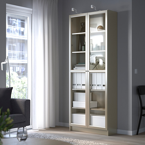 BILLY bookcase with glass doors grey metallic effect 80x30x202