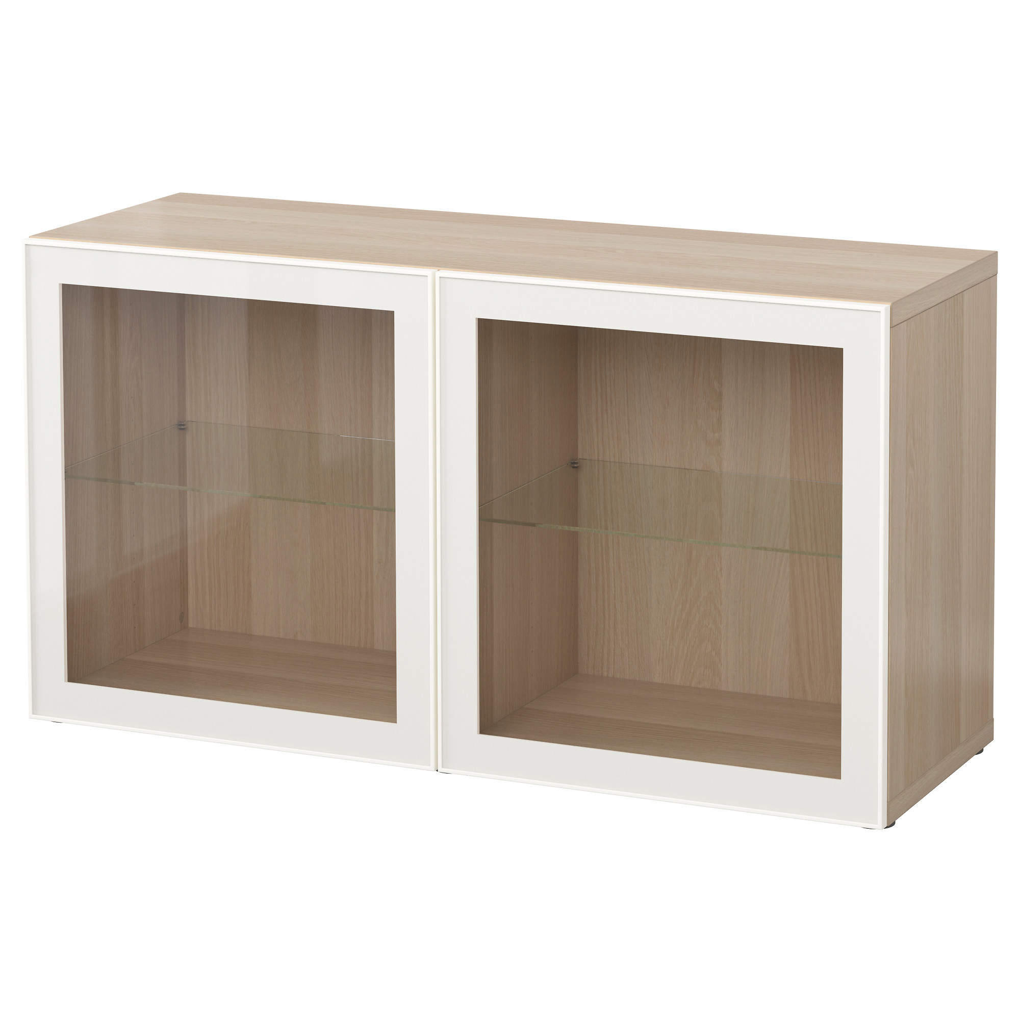 BESTÅ shelf unit with glass doors, white stained oak effect/Glassvik