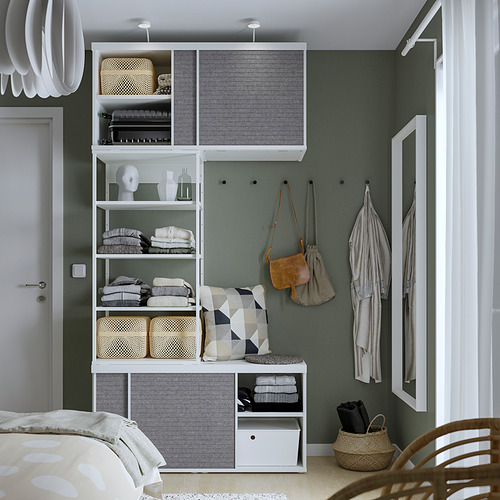 PLATSA open wardrobe with 4 sliding doors, 120x42x241 cm, white Larkollen/double sided beige/dark grey