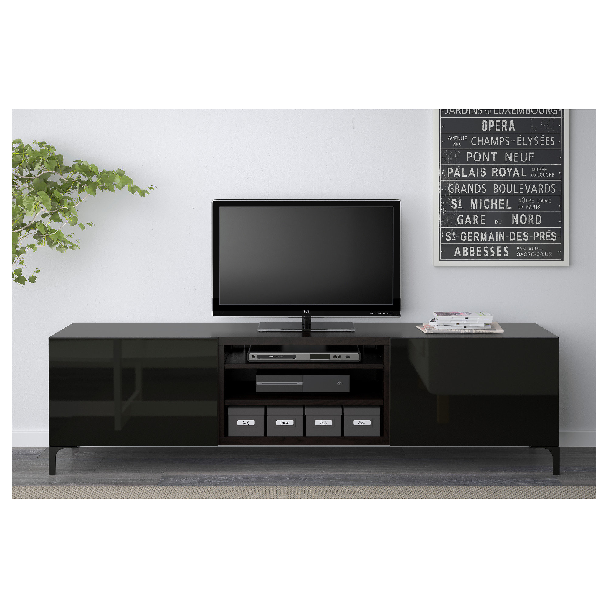 Besta Tv Bench With Drawers Black Brown Selsviken High Gloss