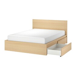 MALM - bed frame, high, w 4 storage boxes, white stained oak