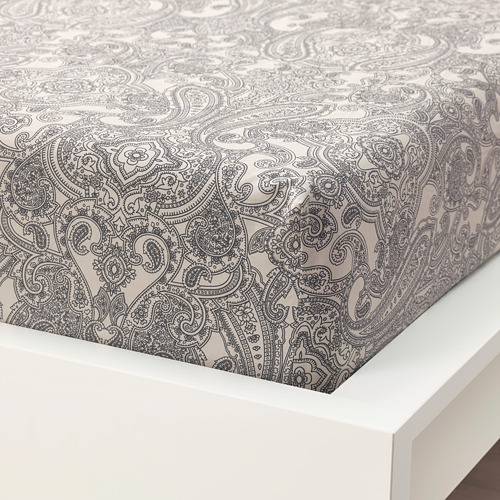 JÄTTEVALLMO fitted sheet, beige/dark grey, queen