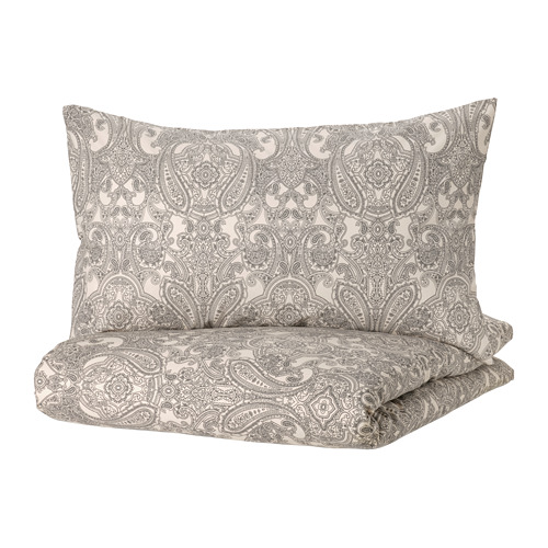 JÄTTEVALLMO duvet cover and pillowcase, beige/dark grey, 150x200/50x80 cm