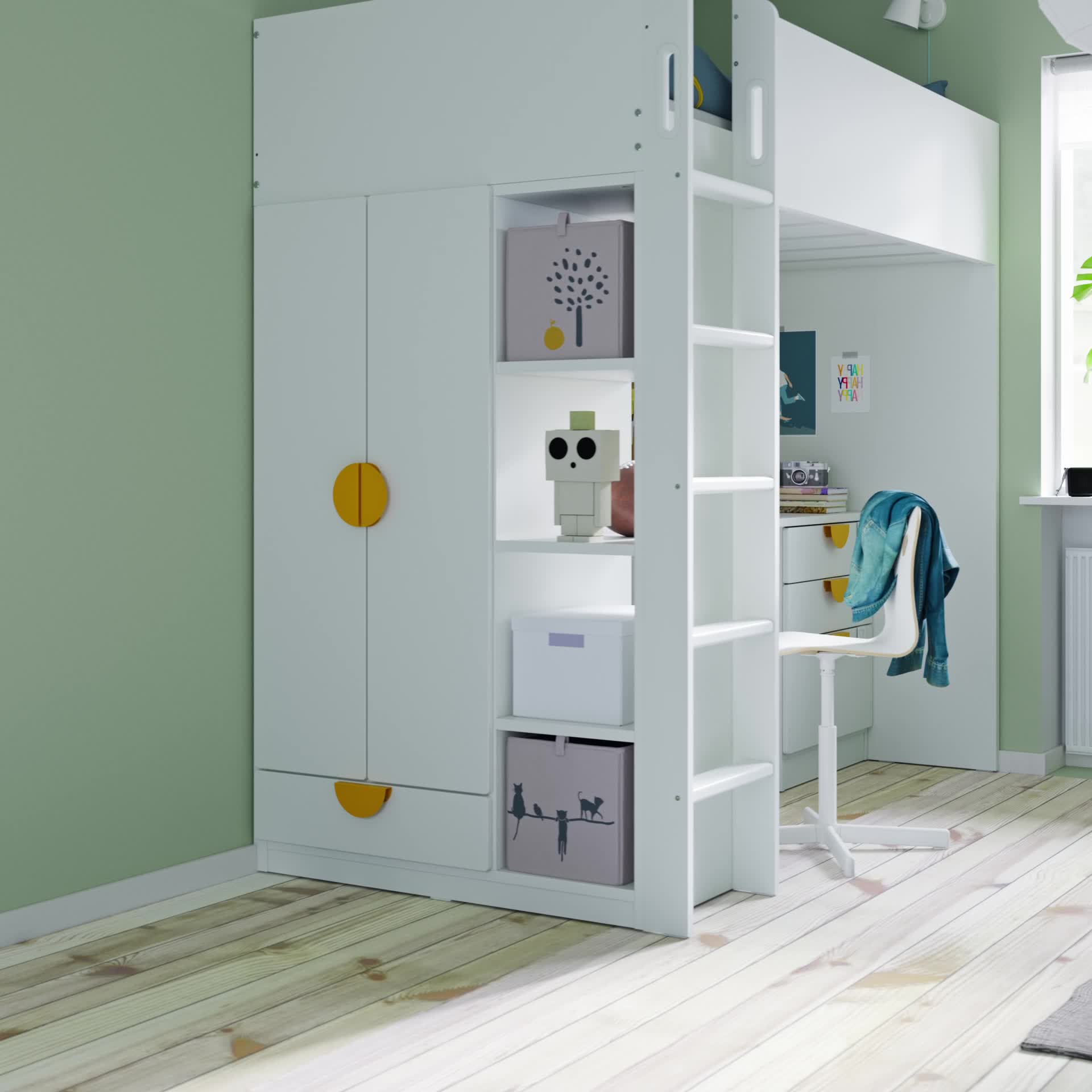SMÅSTAD - loft bed, white blue/with desk with 4 drawers